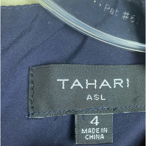 Tahari Navy Blue Sheath Dress with Gold Hardware on Belt w/ Front Slit Size 4 - Picture 6 of 13